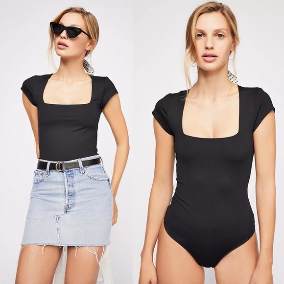 Free People Tops - Free People Fair and Square Neck Duo Bodysuit Short Cap Sleeve Stretch Black L